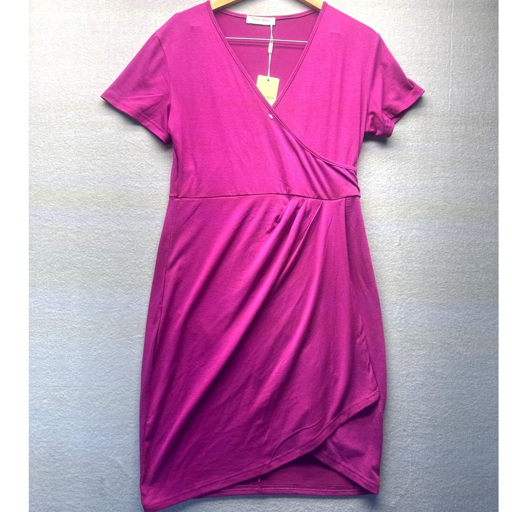 Manydress Magenta Pink Faux Wrap V-Neck Short Sleeve Summer Dress Womens L‎ NWT